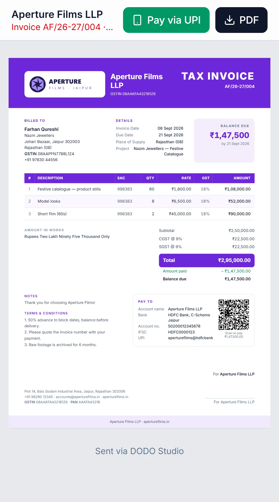 The invoice as a client sees it on a phone, with a Pay via UPI button, PDF download and UPI QR code