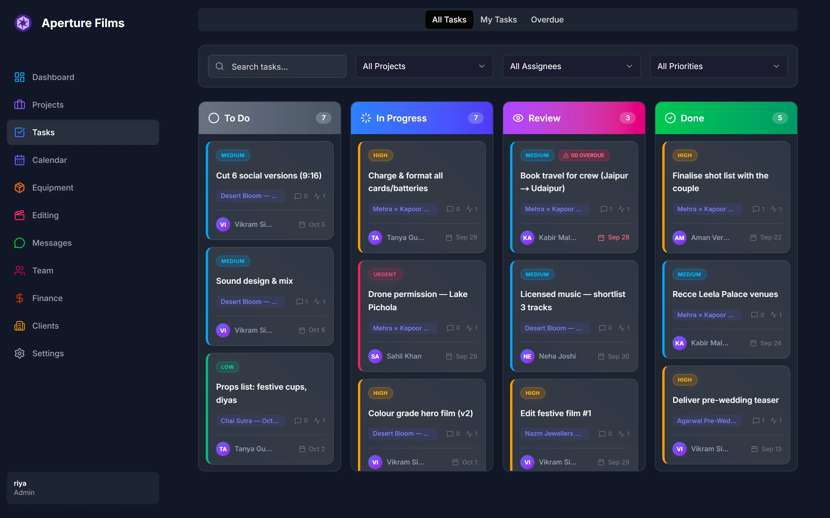 DODO Kanban board with editing and shoot tasks in To do, In progress, Review and Done columns